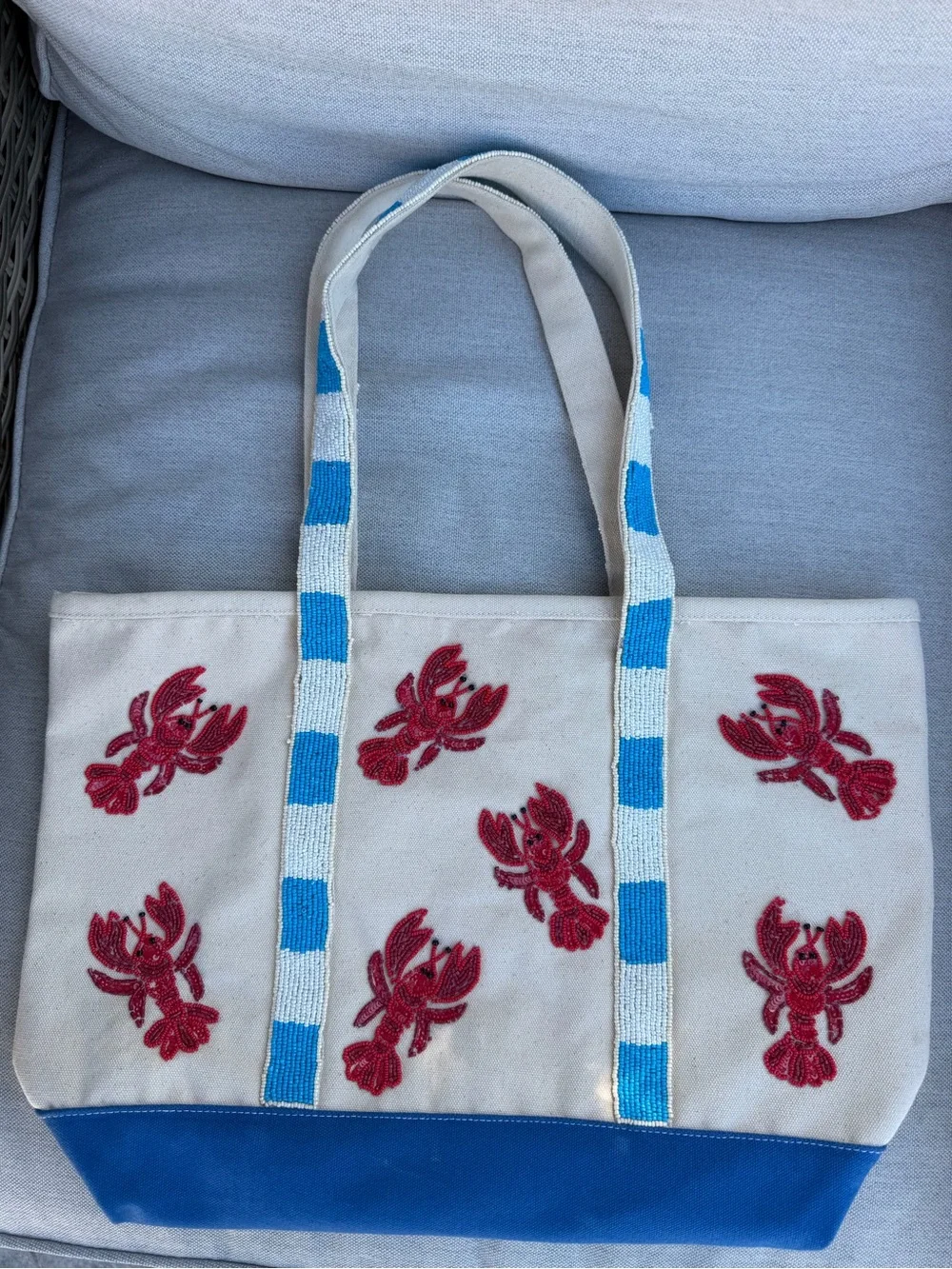 NWT Viral Beaded Cream Tote with Blue and White Trim & Red Beaded Lobster